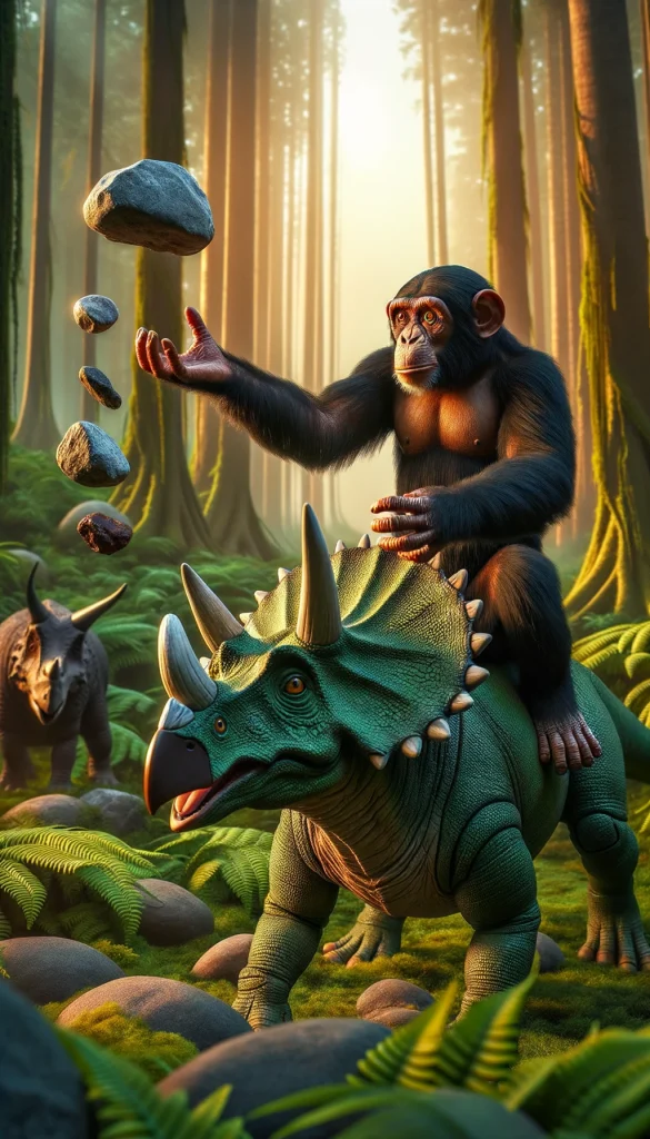 Photo of a chimpanzee with a dark brown coat riding atop a green triceratops. The chimp, displaying a focused expression, is hurling a collection of smooth grey rocks and jagged brown stones at a brown tyrannosaurus rex, which is standing some distance away, looking surprised. The setting is a lush prehistoric jungle with towering ferns and ancient trees under a warm, golden afternoon sun.