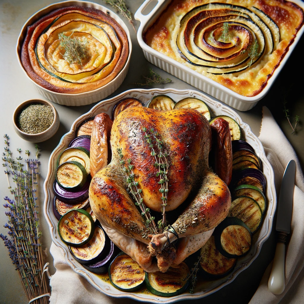 Photo of a sophisticated French-inspired Thanksgiving dinner, with a turkey at the center seasoned with Herbes de Provence, its skin roasted to a perfect golden-brown, sprinkled with herbs like lavender, thyme, and rosemary. On the side, an artistically presented ratatouille shows an array of sliced zucchini, eggplant, and bell peppers in a spiral pattern. A creamy gratin dauphinois with a golden cheese crust is served in a traditional white porcelain dish, hinting at the indulgence of French cuisine.