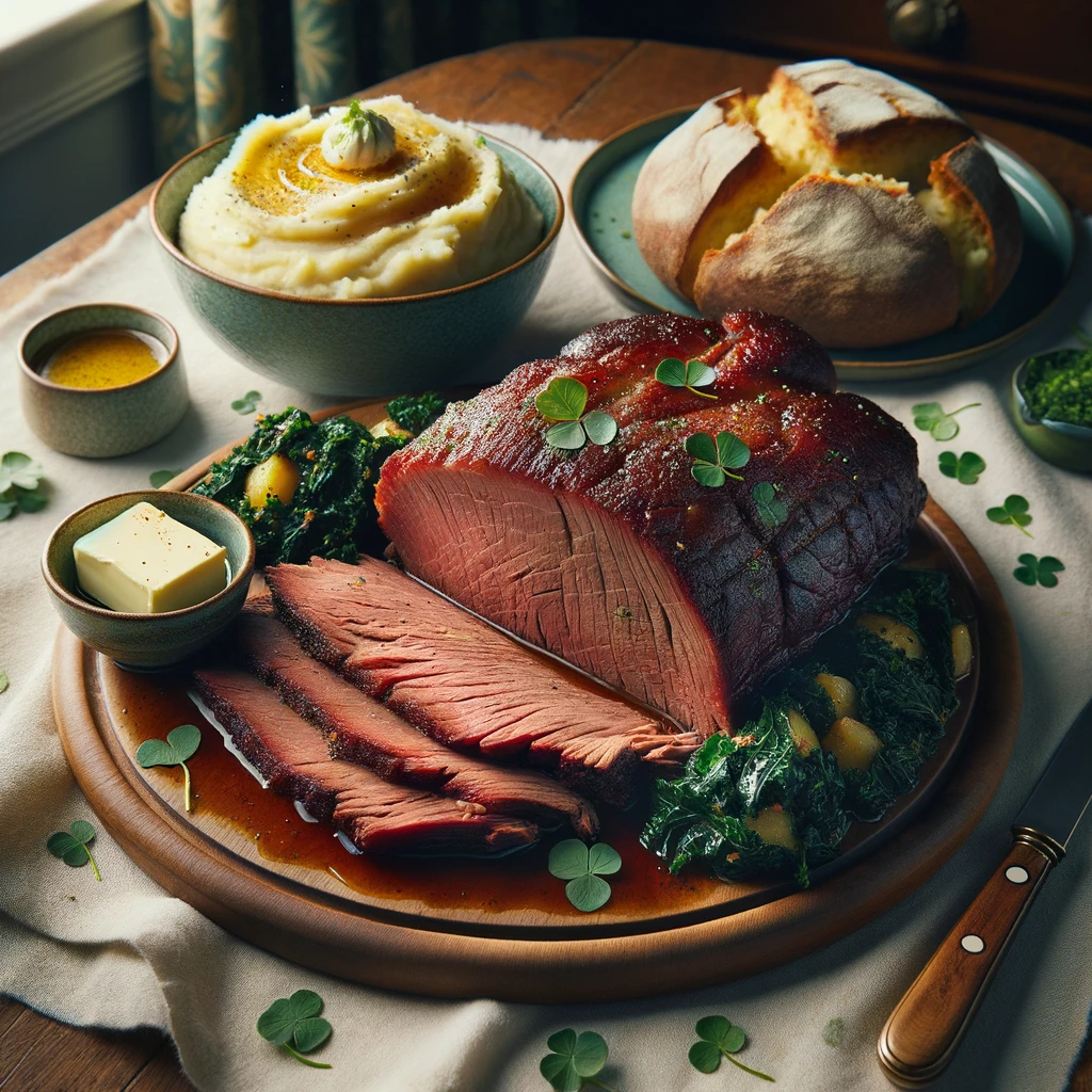 Photo of a cozy Irish-themed Thanksgiving dinner, with a tender corned beef brisket taking center stage on a wooden cutting board, its surface glistening with a savory glaze. On the side, there's a comforting dish of colcannon, showing a creamy blend of mashed potatoes and kale, topped with a melting pat of butter. A freshly baked loaf of Irish soda bread is seen nearby, its crust golden-brown and ready to be served with a dish of softened butter.
