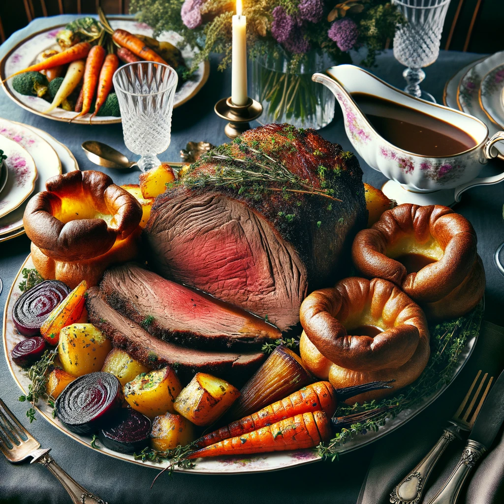 Photo of an elegant British-themed Thanksgiving dinner showcasing a succulent herb-crusted roast beef, its crust golden and fragrant with rosemary and thyme. Beside it, puffy Yorkshire puddings sit ready to soak up gravy, and a colorful side of roasted root vegetables including parsnips, carrots, and beets, glistening with a herby glaze, adds vibrancy to the arrangement. The table setting includes fine china and a crystal gravy boat, reflecting a refined British style.