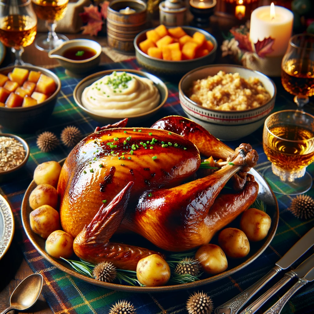 Photo of a festive Thanksgiving table setting, featuring a golden-brown whisky glazed turkey as the centerpiece, with a glossy amber whisky glaze coating its surface. Surrounding the turkey are side dishes including a bowl of creamy neeps and tatties with a sprinkle of chives on top, and a rustic dish of Scottish skirlie with visible oats and onions. The table is adorned with tartan patterns, thistles, and candles to emphasize the Scottish theme.