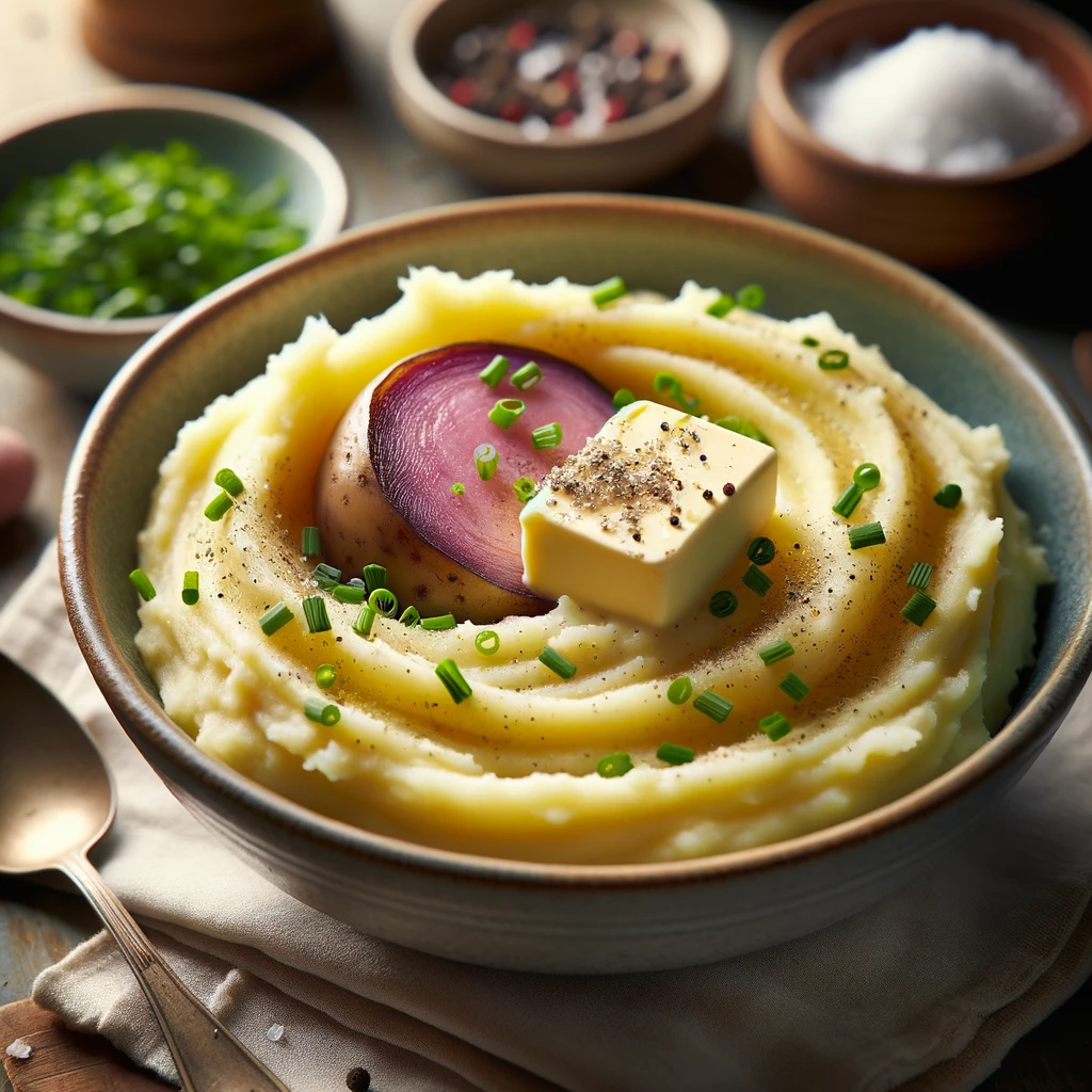 Photo of a side dish of Neeps and Tatties with Coconut Milk. The image features a bowl of smoothly mashed potatoes and turnip, with a creamy texture emphasized by the addition of coconut milk. The dish has a sprinkle of fresh chives on top, adding a pop of green color. The bowl is placed on a rustic wooden table with a soft-focus background that highlights the warmth of the dish. A pat of melting butter is visible on top, and a few grinds of black pepper are scattered across the surface, with a pinch of coarse sea salt visible on the side.
