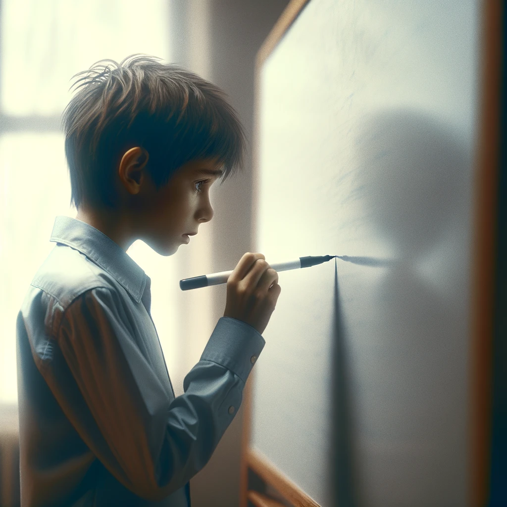 profile view image of a 10-year-old student standing nervously in front of a blank whiteboard, holding a marker uncertainly. The student's side profile  captures their expression of fear and lack of confidence, illustrating the internal struggle over not knowing the correct spelling of a word. The atmosphere of the classroom can be seen in the soft background, but the focus remains intensely on the student’s apprehensive face and the poised marker, emphasizing the moment before they make an attempt to write. This poignant scene highlights the emotional and cognitive challenges faced by students in learning environments, showcasing the vulnerability and determination inherent in the process of education.